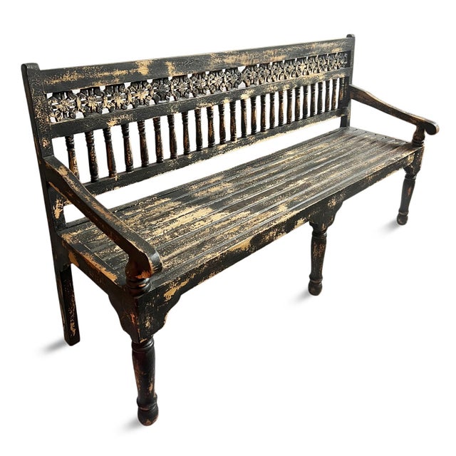 Indian Vintage Colonial Black Crackle Bench For Sale - Image 3 of 8