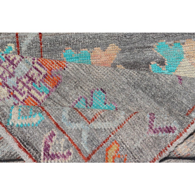 Modern Runner With Tribal Motifs in Warm Gray Background and Vivid Multi Colors For Sale In Atlanta - Image 6 of 7