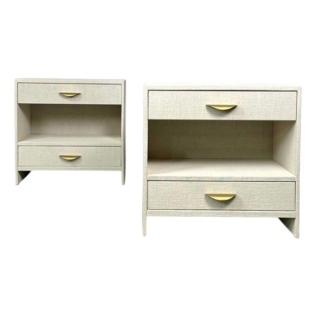 Pair Custom Linen Wrapped Open Commodes, Chests, Nightstands, White, American For Sale