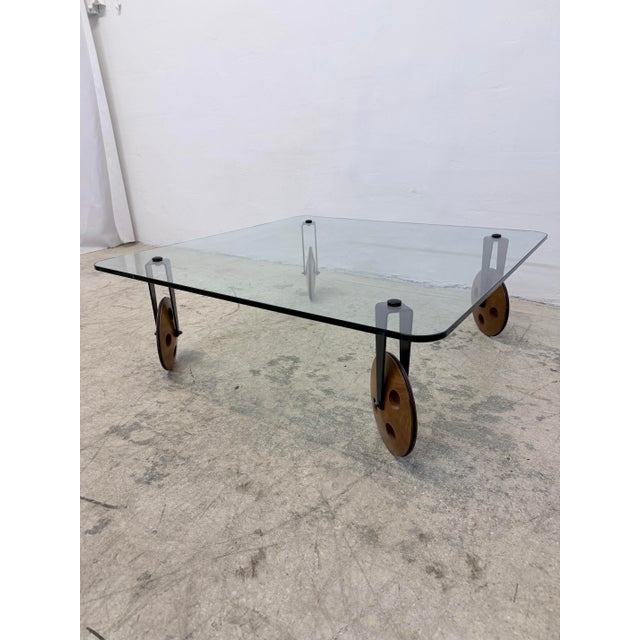 Wood Postmodern Glass Coffee Table on Wheels After Gae Aulenti, 1990s For Sale - Image 7 of 13