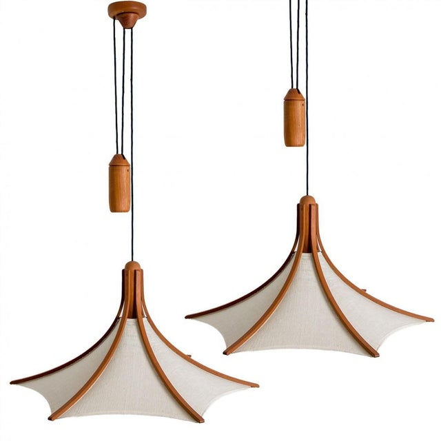 Wooden Pendant Light with Textile Shade from Domus Germany, 1970s For Sale - Image 3 of 18