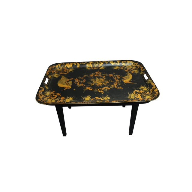 Late 20th Century Late 20th Century Gold & Black Handpainted Tole Tray Table For Sale - Image 5 of 5
