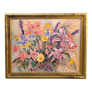 Vintage Mid-Century Impressionist Floral Oil Painting in Gilt Faux Bamboo Frame- Signed For Sale