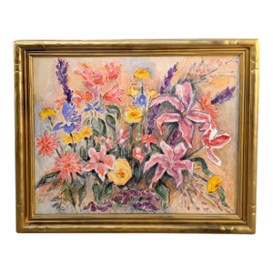 Vintage Mid-Century Impressionist Floral Oil Painting in Gilt Faux Bamboo Frame- Signed