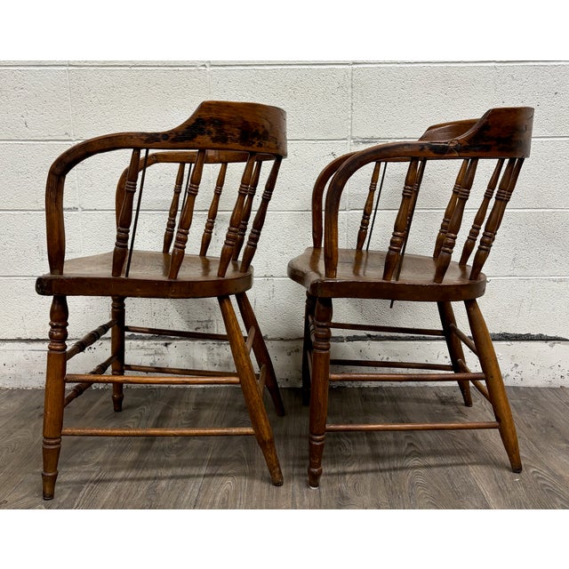 Brown Antique 19th Century Primitive Oak Barrel Back Pub Chairs Captain’s Arm Chairs For Sale - Image 8 of 11