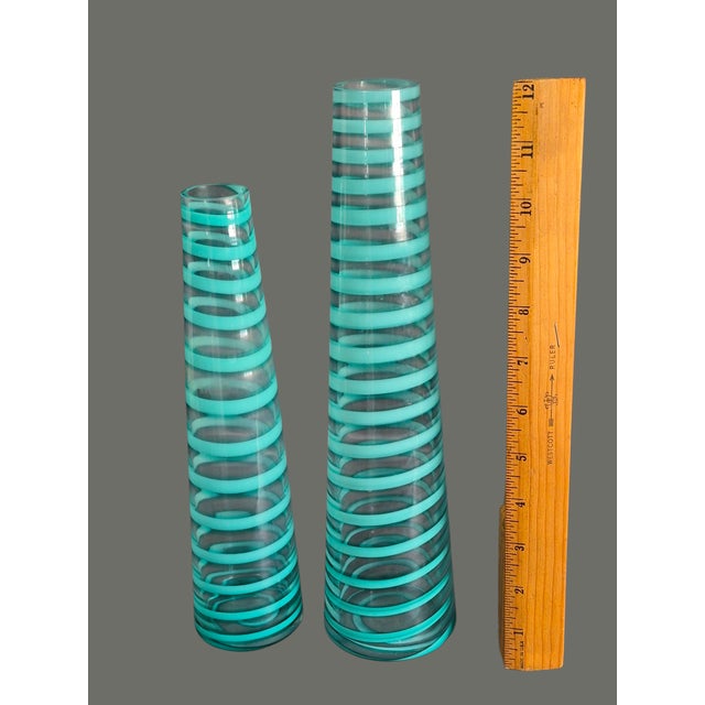 Late 20th Century Mid 20th Century Modern Retro Pair Bud Vases Art Glass Turquoise Blue Spiral 12'' & 10'' High For Sale - Image 5 of 7