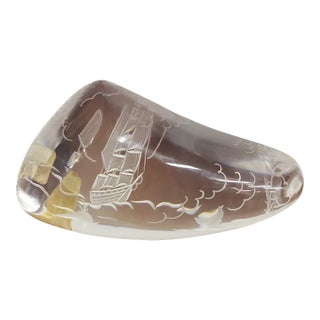 Vintage New England Crystal Co German Intaglio Etched Art Glass Sailing Ship Paperweight For Sale