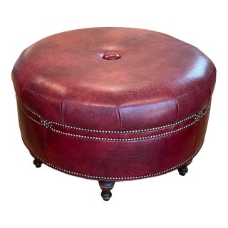 Round Leather Ottoman With Nailhead Trim For Sale