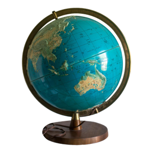 Mid 20th Century Illuminated Topographic Globe — Ussr Cold War Era — Walnut Base — Brass Stand — Electric Light Globe