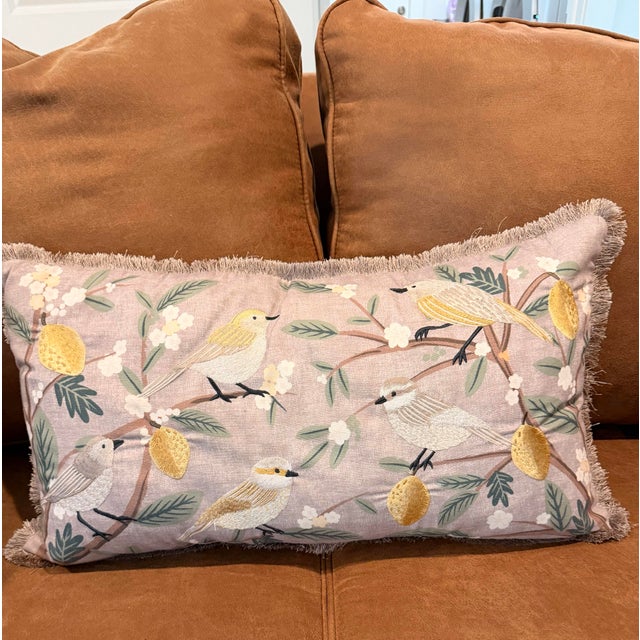 Late 20th Century Lillian August Home Embroidered Botanical Bird Lumbar Pillow With Fringe Trim and Down Insert For Sale - Image 5 of 6