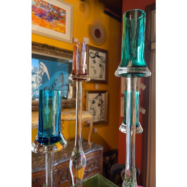 Rare Set of 6 Signed Vintage Gino Cenedese Murano Sommerso Glass Candlesticks For Sale - Image 15 of 15