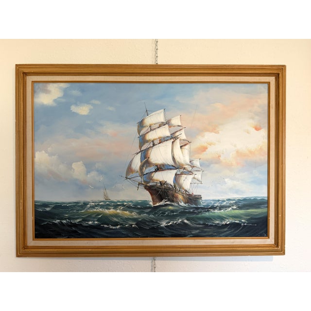 Nautical Late 20th Century Ambrose Original Oil Painting Tall Ship at Sea Maritime Nautical Ocean Seascape For Sale - Image 3 of 11