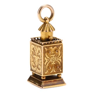 Antique Lapis Charm, Victorian Lantern Charm, Engraved Feather Charm, Articulate For Sale