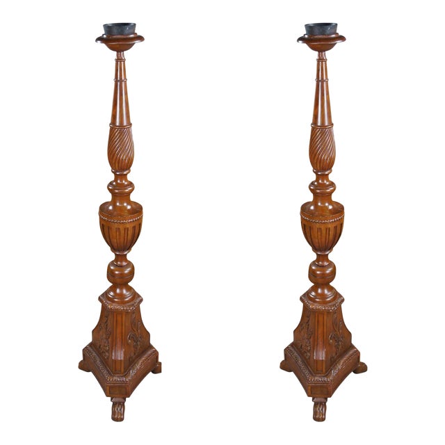 Set of 2 Vintage Theodore Alexander French Neoclassical Mahogany Candle Holders Altar Sticks For Sale