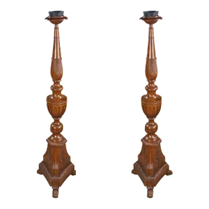 Set of 2 Vintage Theodore Alexander French Neoclassical Mahogany Candle Holders Altar Sticks