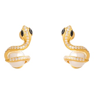 Onyx Eye Serpent Pearl Stud Earrings, A Pair For Sale