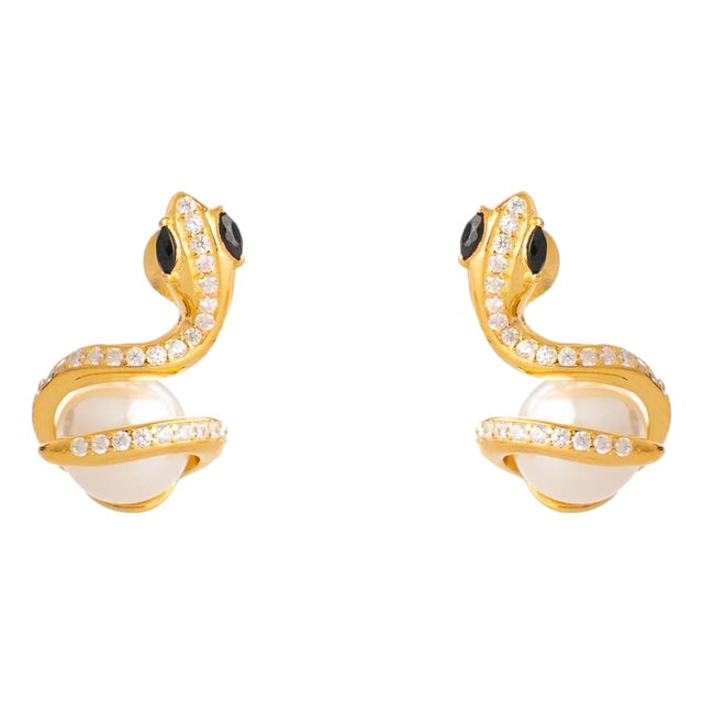 Onyx Eye Serpent Pearl Stud Earrings, A Pair For Sale