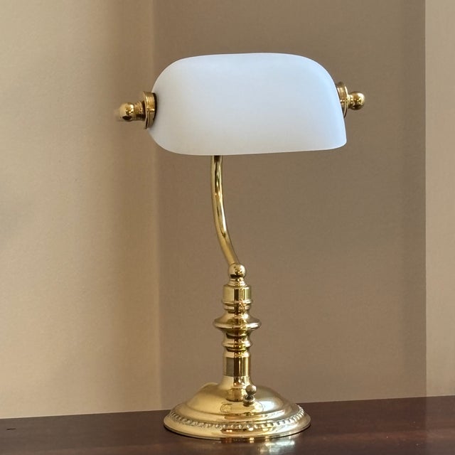Offering an adorable late-20th century mini banker's-style task lamp. This elegant little lamp features a white frosted...