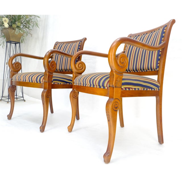 Pair of Regency Style Carved Open Arm Fireside Lounge Chairs Stripe Upholstery For Sale - Image 18 of 18