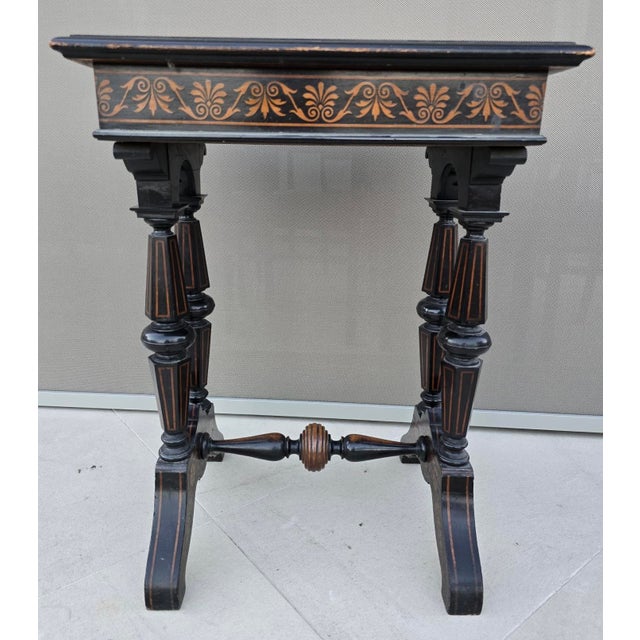 Antique Neo-Renaissance Italian Ebonized Marquetry Worktable with Leopard Motif, 1880s For Sale - Image 3 of 17