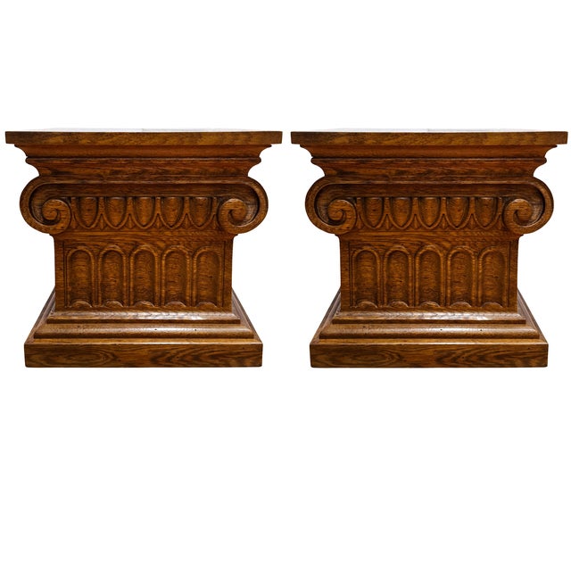 1960 Vintage Drexel Guildhall Neoclassical Oak Pedestal End Tables - A Pair For Sale - Image 17 of 17
