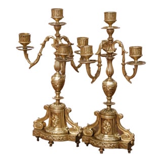 Pair of 19th Century French Louis XVI Style Bronze Four-Light Candelabras For Sale