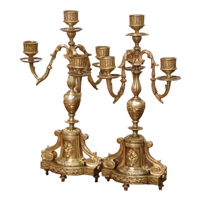 Pair of 19th Century French Louis XVI Style Bronze Four-Light Candelabras For Sale