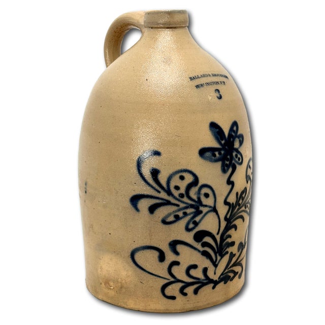 Outstanding Large 3 Gallon American Stoneware Jug With Fancy Blue Hand Decorated Flower Design - Circa 1870s For Sale - Image 4 of 12