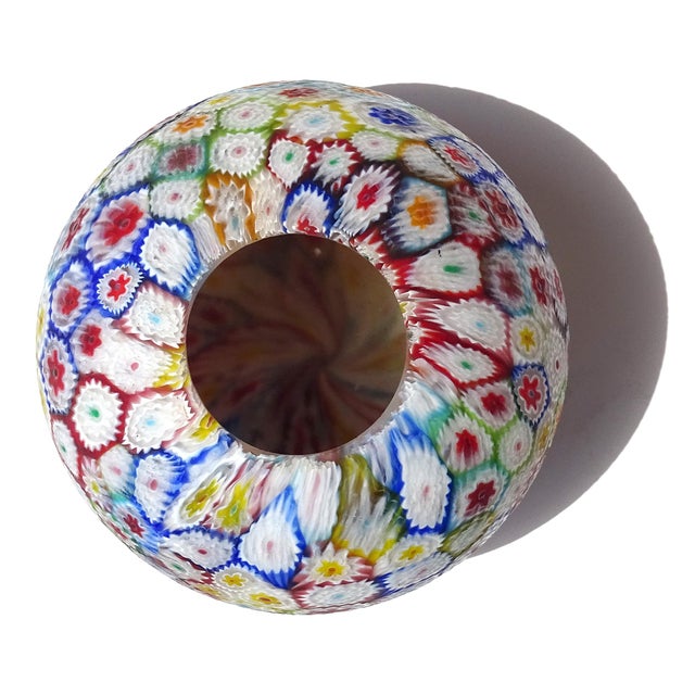 Mid-Century Modern Fratelli Toso Murano Vintage Millefiori Mosaic Italian Art Glass Ball Shaped Flower Bud Vase For Sale - Image 3 of 9