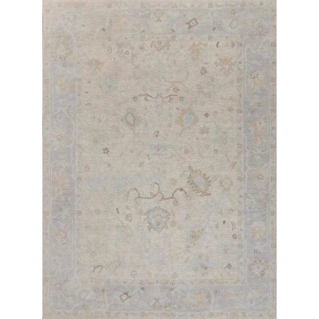 Modern Handknotted Oushak Rug in Muted Grey, Taupe & Camel, 12' x 15' For Sale