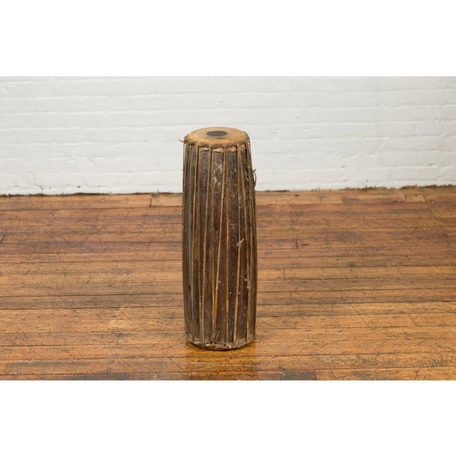Wood Mid 19th Century Antique Indonesian Slender Freestanding Wooden Drum with Leather Drumhead For Sale - Image 7 of 10
