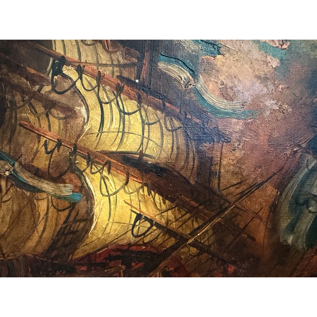 This vintage oil on canvas presents a dramatic maritime scene featuring a large sailing ship navigating turbulent waters...
