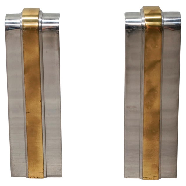 Mid-Century Modern Art Deco Style Skyscraper Brass and Polished Steel Andirons by Danny Alessandro - a Pair For Sale - Image 3 of 5