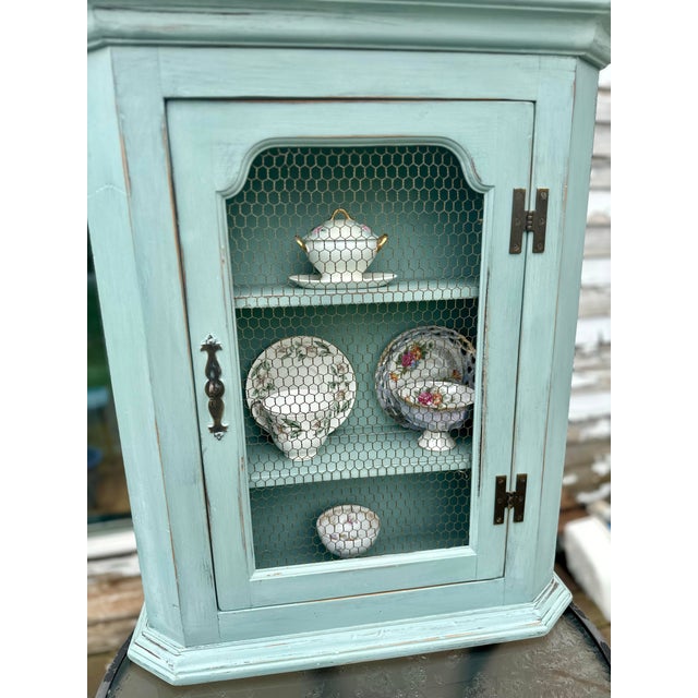 Wood French Provincial Mid-Century Distressed Green Cabinet, With 2 Shelves For Sale - Image 7 of 12