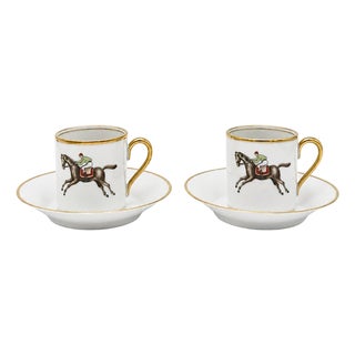 Vintage Hertel Jacob Bavaria Equestrian Demitasse Cups Saucers Set 2 Germany - 4 pcs For Sale