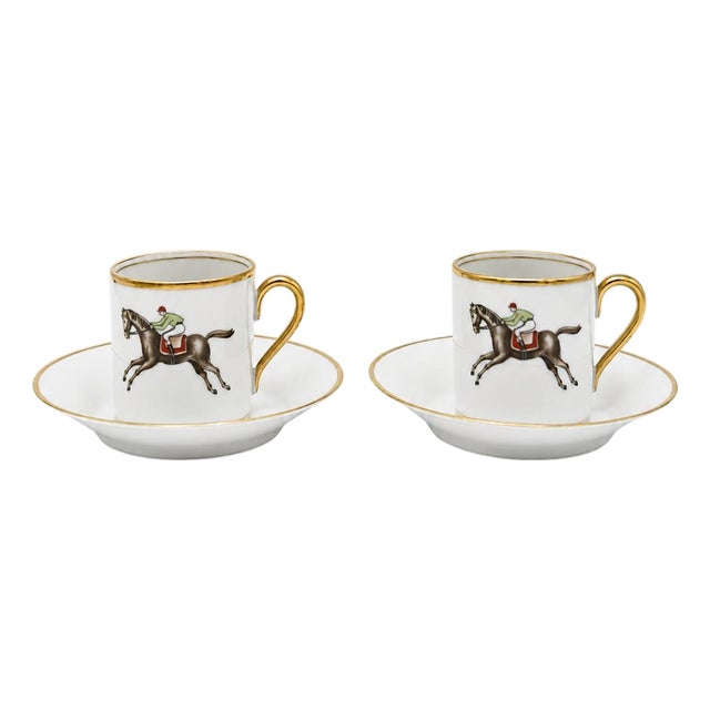 Vintage Hertel Jacob Bavaria Equestrian Demitasse Cups Saucers Set 2 Germany - 4 pcs For Sale