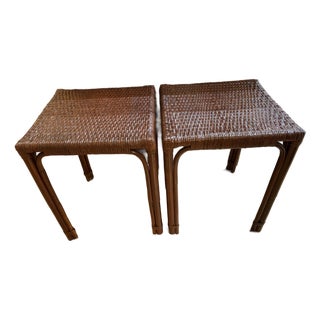 Vintage Mahogany Color Wicker End Tables, a Pair For Sale