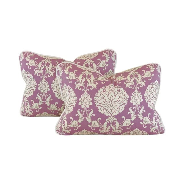 Designer P Kaufmann Waverly Ivory Lilac Purple Damask Leaves Scroll Pillow Cover For Sale - Image 4 of 5