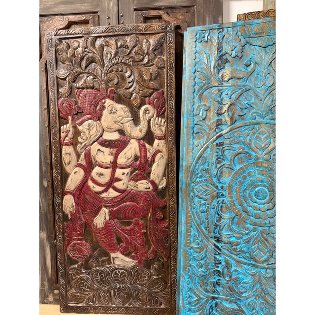 1920s Vintage Carved Blessing Ganesha Wall Art Sculpture – Handcrafted Indian Wooden Barn Door 83x36 For Sale - Image 5 of 7