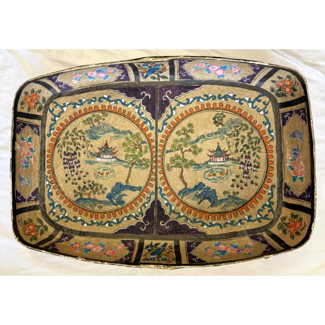 Large Antique Papier-Mâché Decorative Platter With Hand Painted and Applied Decorations For Sale - Image 4 of 17