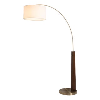 Nova of California Mid Century Brass Floor Lamp - Walnut, White Cotton-Linen Shade, Weathered Brass, Foot Dimmer For Sale