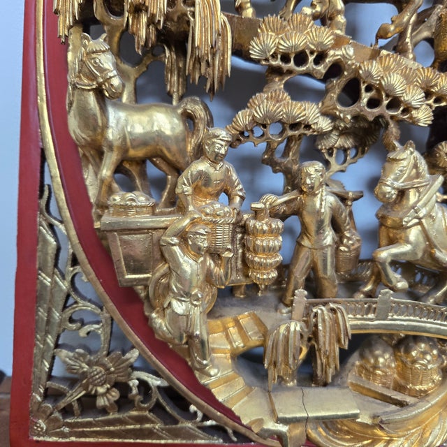 Antique Chinese Giltwood Panel Relief Carving Landscape Scene Red Lacquer Borders and Back For Sale - Image 9 of 18