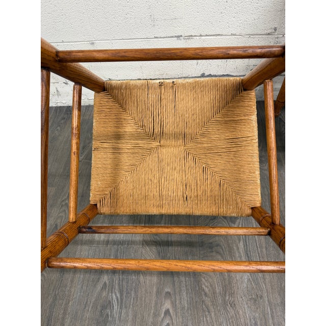 Vintage Country French Style Solid Oak Ladder Back Handwoven Rush Seat Armchairs For Sale - Image 10 of 10