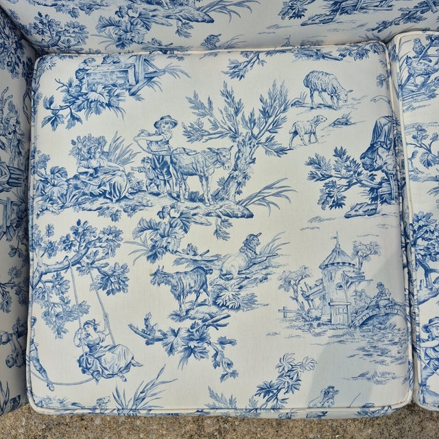 Early 20th Century Antique Blue & White Toile De Jouy Camel Back Loveseat Rolled Arms Pleated Skirt For Sale - Image 5 of 16