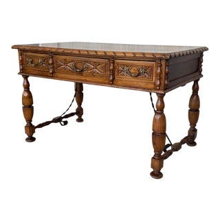 20th Century French Louis XV Style Carved Walnut Writing Desk With Three Drawers For Sale