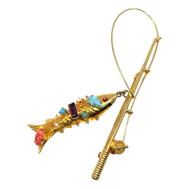 Vintage Signed Vogue Jlry Gold Tone Fishing Rod Brooch With Jeweled Fish For Sale