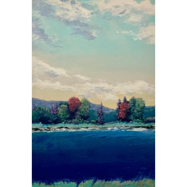 Susan Hall, Large Monotype Monoprint Print Scenic Lake Landscape Susan Hall Woman Artist, c. 20th century For Sale