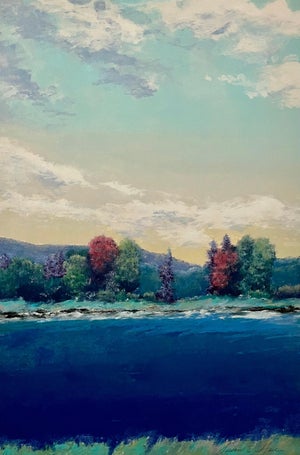 Susan Hall, Large Monotype Monoprint Print Scenic Lake Landscape Susan Hall Woman Artist, c. 20th century