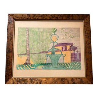 1960’s Original Dave Logan Outsider Folk Art Colored Pencil Drawing “New Orleans” Vintage Frame For Sale