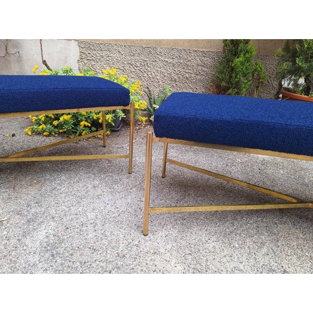Benches in Brass and Electric Blue Fabric, 1990s, Set of 2, in Very Good conditions. Designed 1990 to 1999